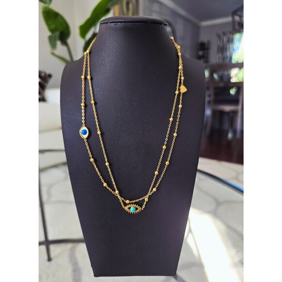 Stainless Steel Gold Evil Eye Layered Necklace New - Picture 1 of 2